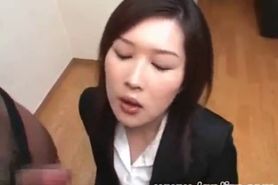 Dirty asian bitch gives BJ and drinks cum