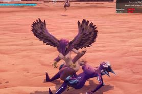 Purple futa demon grounding harpies with her dick.