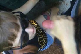 Stroking his cock and swallowing