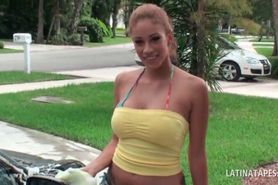 Busty latina siren washing the car in her swim suit