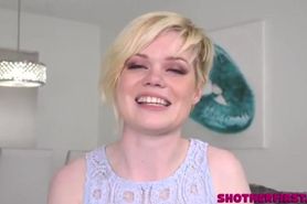 Cute blonde Pearl Sinclair in her first porn sucking and fucking like a good girl
