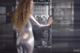 Girl Posing In Shiny Silver Spandex Catsuit