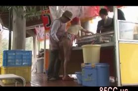 cute street vendors staff fucked by boss outside