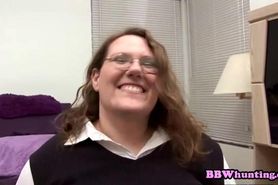 Fat secretary Angelina sucking cock at office