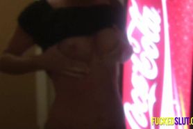 Naughty friends flashing tits in an elevator