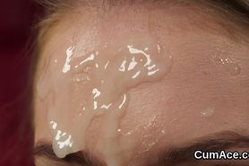 Horny beauty gets sperm shot on her face sucking all the cum