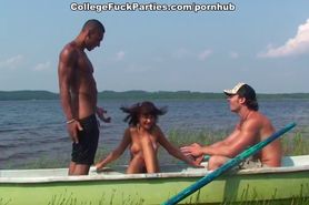 Nude student girl stretched and double fucked in the boat