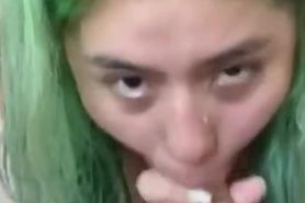 Green haired girl sucks cock for the first time