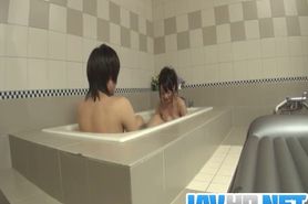Japanese doll blows dick in the tub and swallows a warm load
