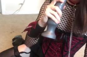 Sissy Evelyn uses her throat with a two foot dildo