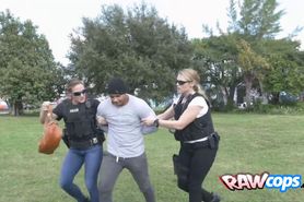 Criminal is chased and caught by female cops who fuck his cock