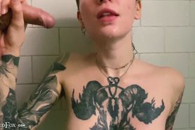 Tattoed Babe POV and Cum in Mouth in the Bathroom