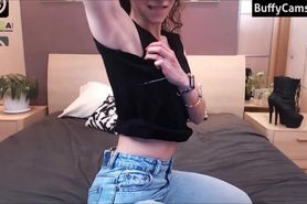 female muscle flexing on webcam