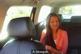 Cute brunette fucked in fake taxi in woods