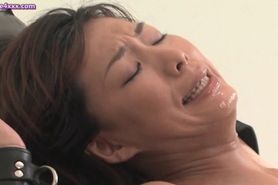 Tied up asian gets hairy cunt dildoed
