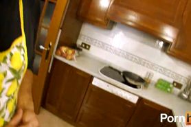 Spanish milf in the kitchen gets DP'ed by a dick and a cucumber