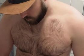 Drooling on my hairy chest and eating my cum