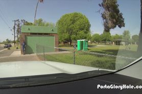 Porta Gloryhole Hot babe swallows cum at public park