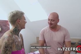 HITZEFREI Two tattooed German blondes share a dick