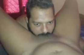 Indian male muffdives his GF's hairy cunt till orgasm