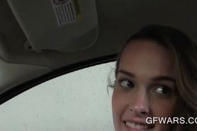 Teen cutie sucking her BFs hard cock in the car - video 1