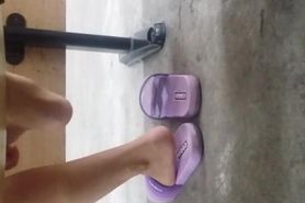 chinese candid girl shoeplay in classroom,secret steal her shoe and cum