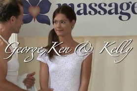 Two masseurs gangbanging brunette babe and giving her creampie