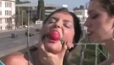 Sex slave with huge boobs tied outdoor and humiliated in public f ...